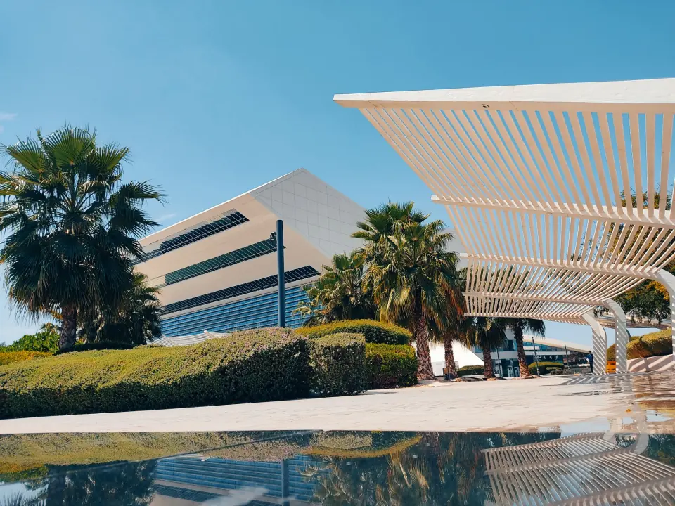 Modern resort hotel building framed by palm trees and a reflecting pool